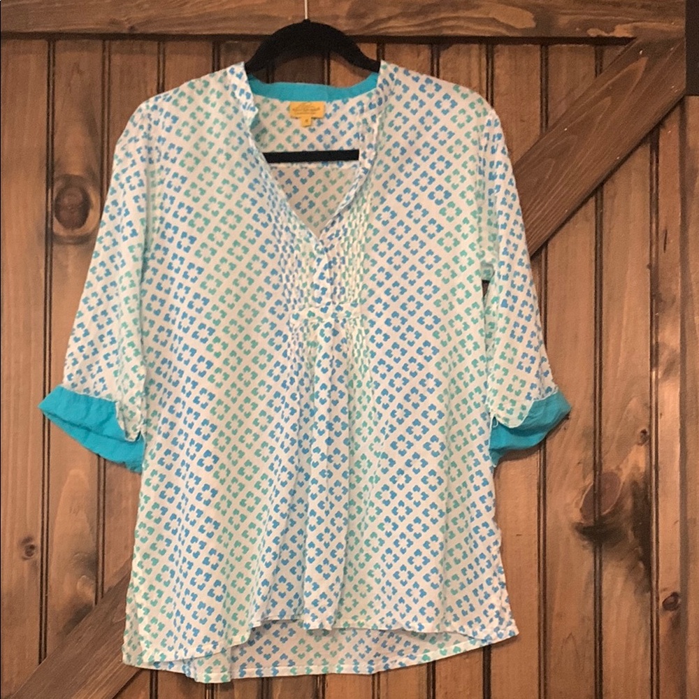 Roberta Roller Rabbit Blue /Green Flutter Sleeve tunic blouse